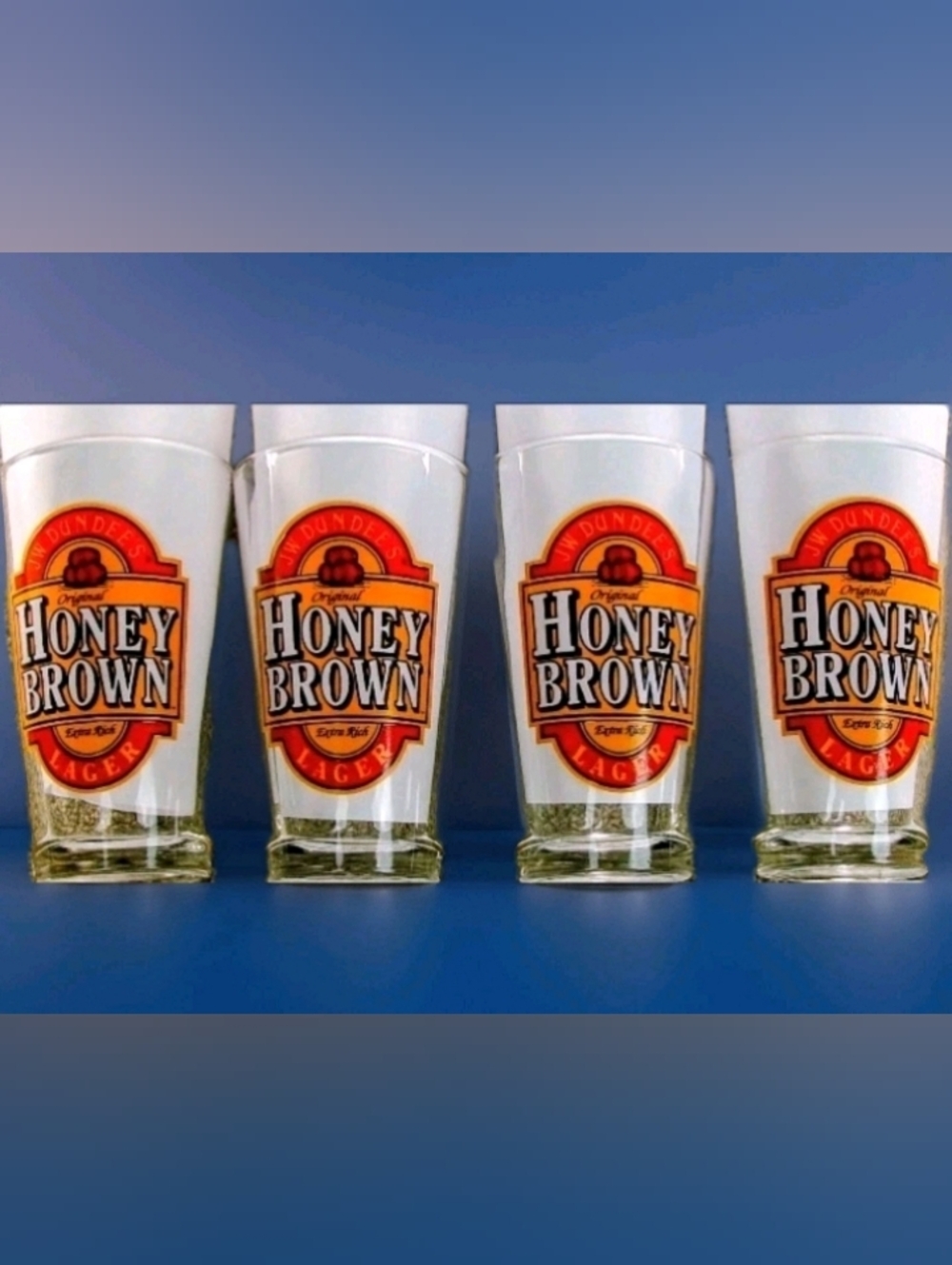 JW DUNDEE'S HONEY BROWN LAGER Beer Pint Glass - Brewmaster Signature - Set of 4